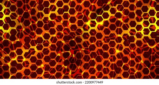 Seamless honeycomb pattern of magma surface top view. Volcanic lava with cracked ground texture. Hot Broken crust with liquid flame. Abstract vector background. Molten stones. Volcano eruption