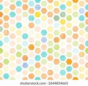 Seamless honeycomb pattern. Pastel geometric hexagon layout with soft grainy texture. Bright and cheerful digital background.