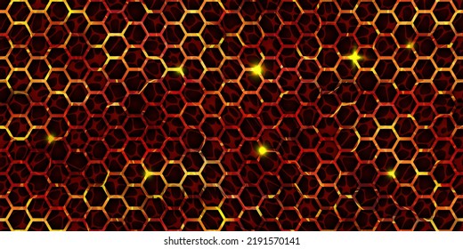 Seamless honeycomb texture of magma surface top view. Volcanic lava with cracked ground pattern. Hot Broken crust with liquid flame. Abstract vector background. Molten stones. Volcano eruption