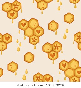 Seamless honeycomb vector pattern. Cute bee hexagon background. Honey kid yellow ornament.
