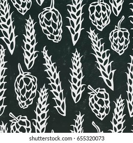 Seamless with Hop and Malt. Beer Pattern. Isolated Isolated on a Black Chalkboard Background. Realistic Doodle Cartoon Style Hand Drawn Sketch Vector Illustration.