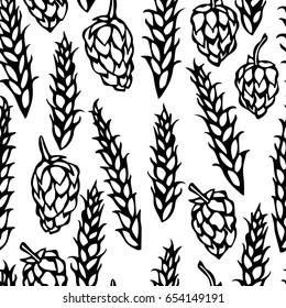 Seamless with Hop and Malt. Isolated On a White Background Realistic Doodle Cartoon Style Hand Drawn Sketch Vector Illustration. Beer Pattern.