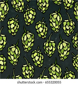 Seamless with Hops. Beer Pattern. Isolated Isolated on a Black Chalkboard Background. Realistic Doodle Cartoon Style Hand Drawn Sketch Vector Illustration.