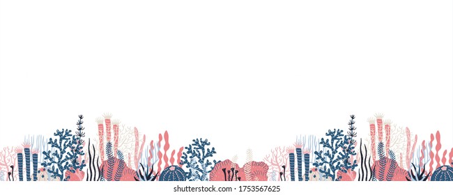 Seamless horisontal border with underwater plants and seaweeds. Vector illustration.