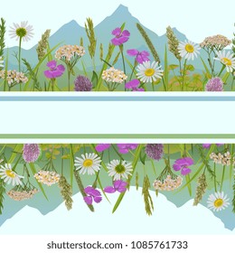 Seamless horizon border with herb, field flowers, mountains in watercolor style. Greenery natural repeat wallpaper for web banners, country backgrounds, alpine template with text place and covers.