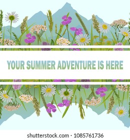 Seamless horizon border with herb, field flowers, mountains in watercolor style. Greenery natural repeat wallpaper for web banners, country backgrounds, alpine template with text place and covers.