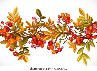 Seamless horizontal autumn garland of branches with leaves and red berries isolated on white background