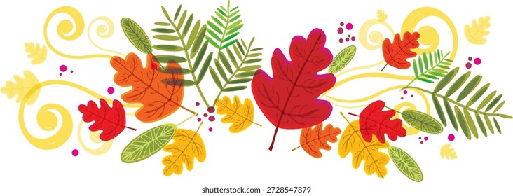 Un Vector de borde de hojas de otoño Horizontal sin costuras con hojas de otoño coloridas dibujadas a mano, bayas y remolinos decorativos. Este diseño floral inspirado en la naturaleza es perfecto para el Día de Acción de Gracias, celebraciones de la cosecha, Anuncios de temporada, marcos, fondos y proyectos gráficos de temática otoñal.