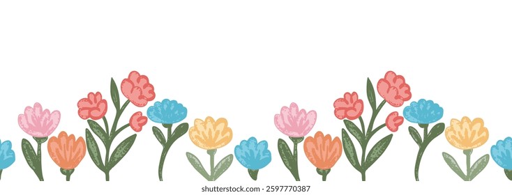 Seamless horizontal backdrop decorated with beautiful flowers in children's style.