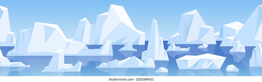 Fondo horizontal sin mar con glaciares del Ártico flotando en el agua. Interminables paisajes de invierno fríos con icebergs, nieve y hielo en el Polo Norte. Ilustración de vector plano de color de panorama repetible