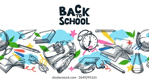 Seamless horizontal background with backpack, books, globe, pens, alarm clock, clouds, leaves. Back to school banner poster design. Vector sketch collage illustration. Learning and education concept