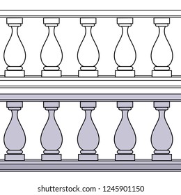 Seamless horizontal background of balusters and railings color and outlined for coloring