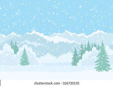 Seamless Horizontal Background, Christmas Holiday Landscape with Snowy Sky, Fir Trees, Snowdrifts and Far Mountains in the Distance. Eps10, Contains Transparencies. Vector