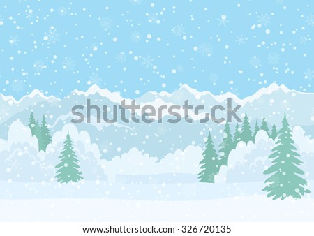 Seamless Horizontal Background, Christmas Holiday Landscape with Snowy Sky, Fir Trees, Snowdrifts and Far Mountains in the Distance. Eps10, Contains Transparencies. Vector