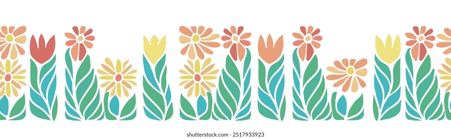 Fundo horizontal sem costura decorado com belas flores abstratas e borda tulipas.