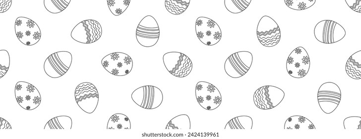 Seamless horizontal background with Easter eggs. Black and white. Template for coloring, fabric, wallpaper, wrapping paper. Vector illustration.