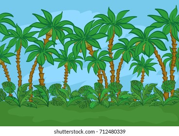 Seamless Horizontal Background, Exotic Landscape, Tropical Palm Trees, Plants and Blue Sky. Vector
