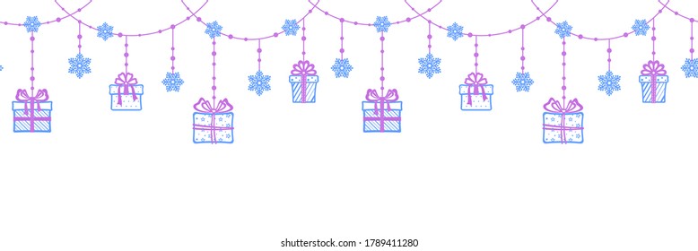 Seamless horizontal background with a festive Christmas garland of different gift boxes, openwork snowflakes and beads. Vector template for festive design, greeting card, Christmas wallpaper, banner