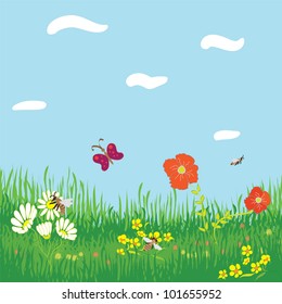 Seamless horizontal background with grass, flowers, butterfly ,bees,sky and clouds