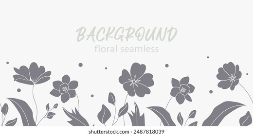 Seamless horizontal background with gray wild herbs and flowers. Hand drawn illustration