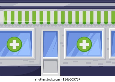 Seamless horizontal background with green pharmacy shop. Vector cartoon illustration of city drugstore building.