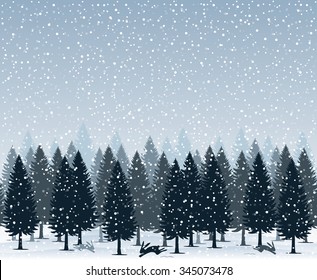 Seamless horizontal background, holiday trees against the blue sky with snow and rabbits, vector