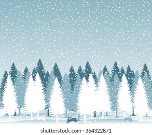Seamless horizontal background, holiday trees against the blue sky with snow and rabbits, vector