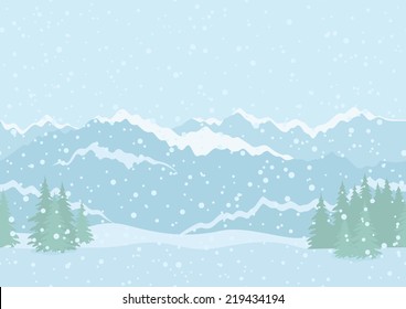 Seamless horizontal background landscape with snowy sky, fir trees, snowdrifts and far mountains in the distance. Vector