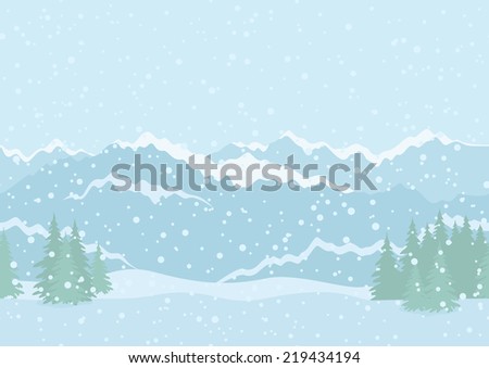 Seamless horizontal background landscape with snowy sky, fir trees, snowdrifts and far mountains in the distance. Vector