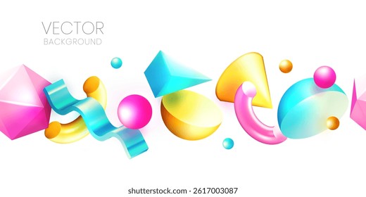 Seamless horizontal background with multicolor 3d geometric shapes. Abstract glossy plastic design elements for banner, brochure, poster. Vector illustration