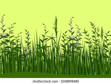 Seamless Horizontal Background, Nature, Landscape with Fresh Green Grass, Leaves and Lilac Flowers, Tile Pattern for Your Design. Vector