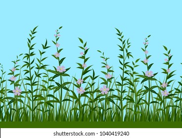Seamless Horizontal Background, Nature, Landscape with Fresh Green Grass, Leaves, Lilac Flowers and Blue Sky, Tile Pattern for Your Design. Vector