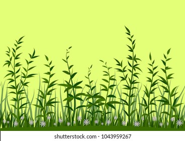 Seamless Horizontal Background, Nature, Landscape with Fresh Green Grass, Leaves and Lilac Flowers on Yellow, Tile Pattern for Your Design. Vector