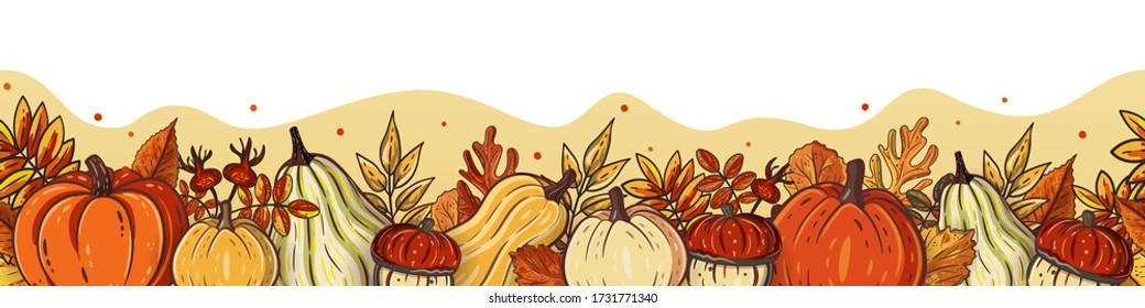 Seamless horizontal background with orange pumpkins and autumn leaves. Seasonal vector border for greeting / promotion. Fall, harvest, market, thanksgiving, halloween template for banner, poster, card