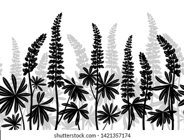 Seamless Horizontal Background of Plant Pictograms, Lupine Leaves and Flowers, Black and Grey on White. Vector