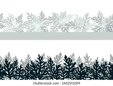 Seamless Horizontal Background of Plants, Leaves of Cineraria Maritima, Black and Grey on White. Vector