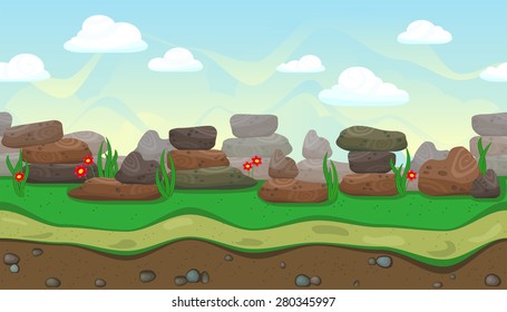 Seamless horizontal background with stones and flowers for game
