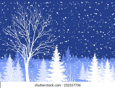 Seamless Horizontal Background, Winter Christmas Holiday Woodland Night Landscape With Trees And Snowflakes White Silhouettes. Vector