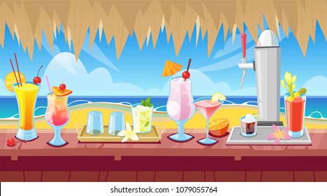 Seamless horizontal background with wooden bar counter and alcohol cocktails and beverages on desk. Vector illustration of summer vacation.