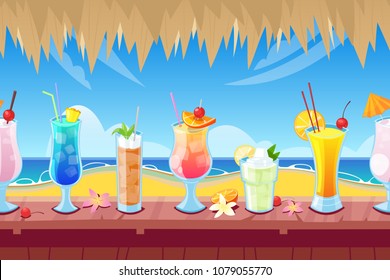 Seamless horizontal background with wooden bar counter and alcohol cocktails and beverages on desk. Vector illustration of summer vacation.