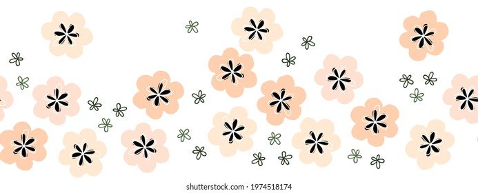 Seamless horizontal, banner background with simple  floral pattern.  pink flowers on a White background. Floral background in flat style for printing on paper, curtains, tablecloths. 