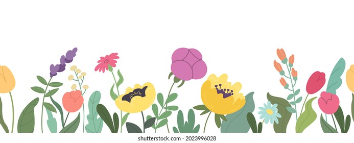 Seamless horizontal banner with beautiful blooming flowers and leaves. Vector botanical pattern, spring bloom, meadow and wildflowers.