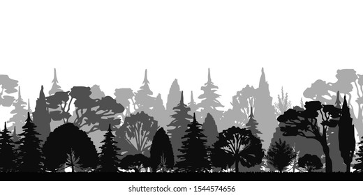 Seamless horizontal banner black gray monochrome silhouettes of deciduous and conifers trees . Forest landscape of trees of various forms of species. Vector illustration objects