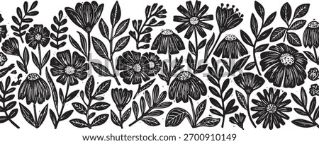 A seamless horizontal banner featuring a variety of stylized flowers and leaves in a black and white block print or woodcut style. The illustration has a rustic, hand-carved texture.