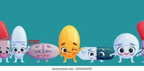 Seamless horizontal banner with funny and cute pills and capsules. Cute vector holiday illustration.