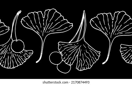 seamless horizontal banner made of leaves and berries of the medicinal tree Ginkgo Biloba. hand-drawn sketch-style rough contour pattern of lines on black horizontal long strip for packaging
