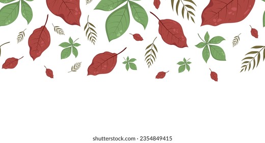 Seamless horizontal banner pattern with autumn fall green and red leaves. Perfect for wallpaper, wrapping paper, web sites, background, social media, blog and greeting cards, advertising