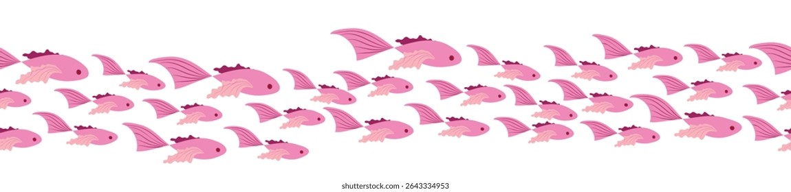 Seamless horizontal banner pattern with shells, bubbles, seaweed, fish, corals and starfish. Marine life on white background