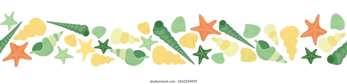 Seamless horizontal banner pattern with shells, bubbles, seaweed, fish, corals and starfish. Marine life on white background