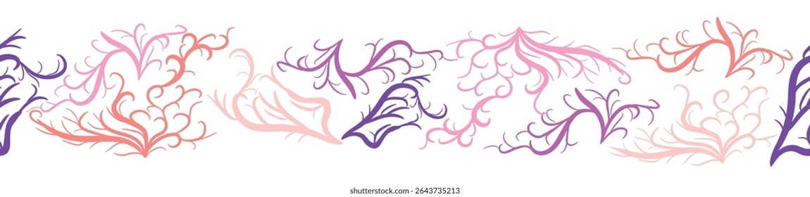Seamless horizontal banner pattern with shells, bubbles, seaweed, fish, corals and starfish. Marine life on white background